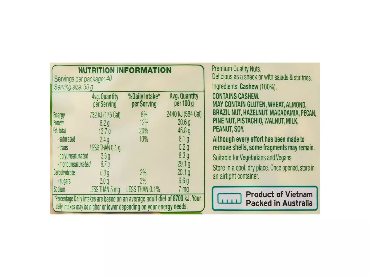 Pack photograph of OH SO NATURAL WHOLEFOODS Cashews Natural 1.2kg showing the printed nutrition panel