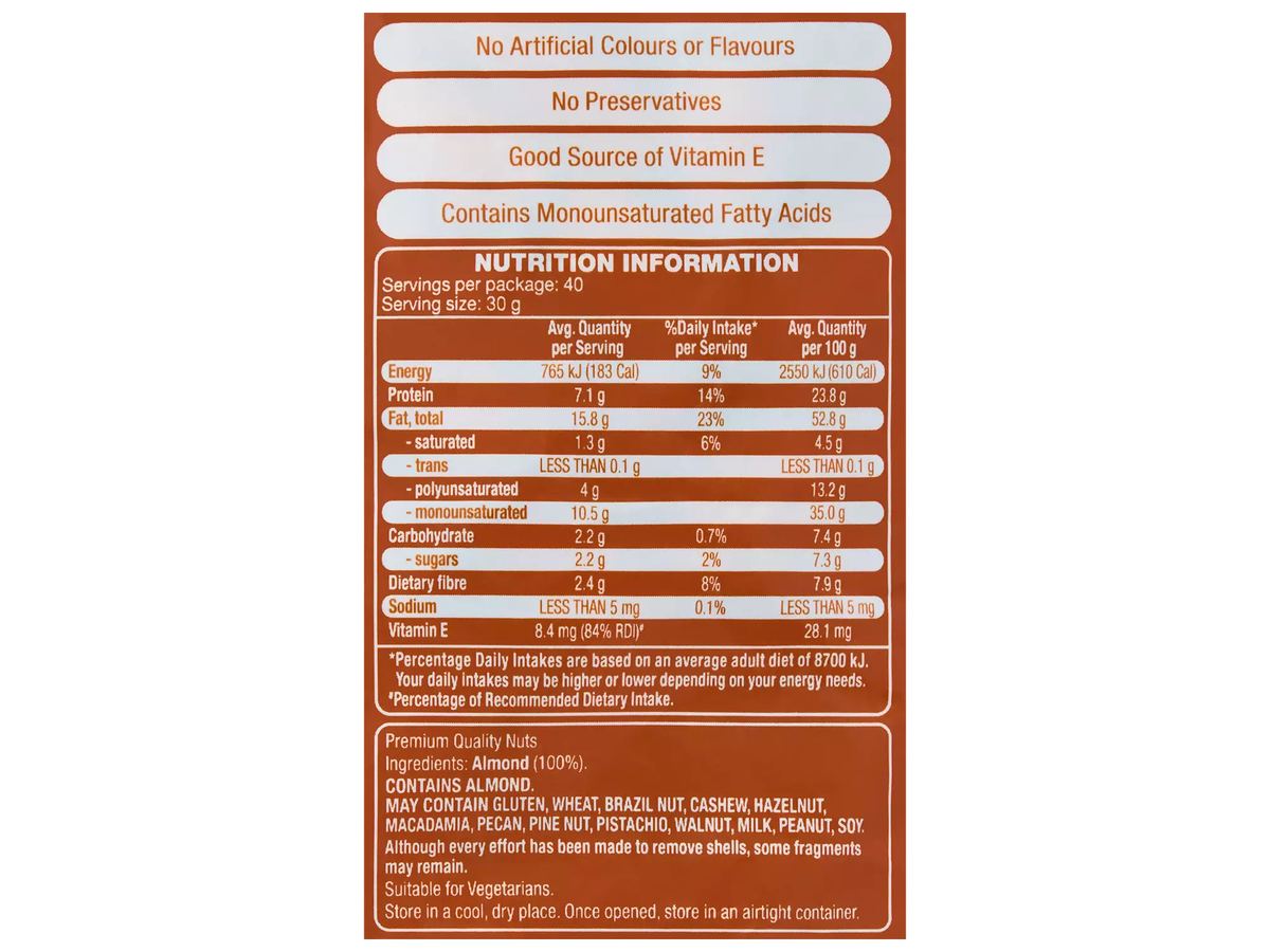 Pack photograph of FORRESTERS Almonds Natural 1.2kg showing the printed nutrition panel