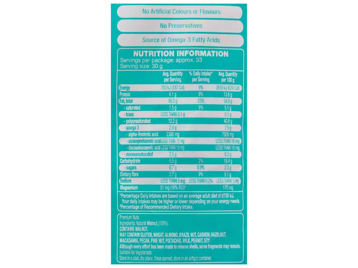 Pack photograph of FORRESTERS Walnuts 1kg showing the printed nutrition panel