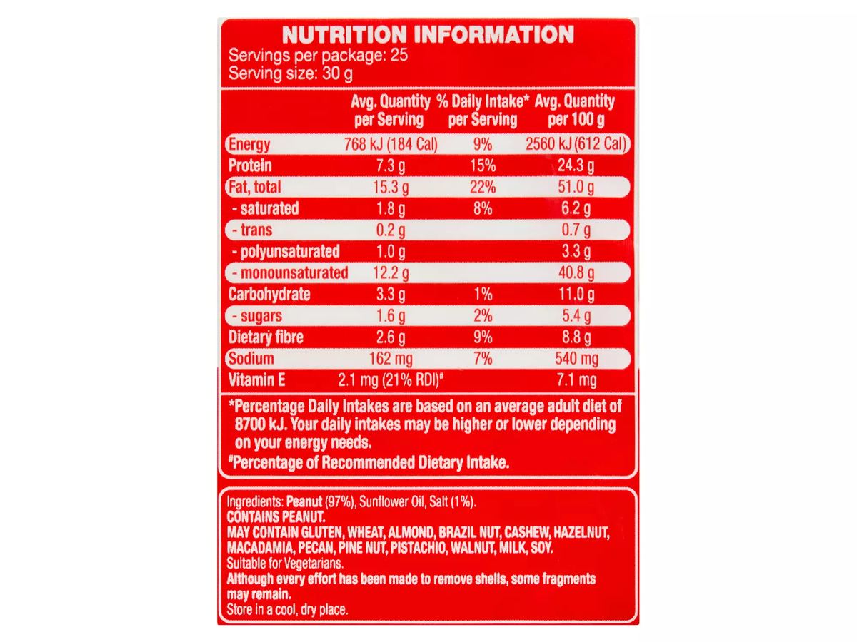Pack photograph of FORRESTERS Roasted & Salted Peanuts 750g showing the printed nutrition panel