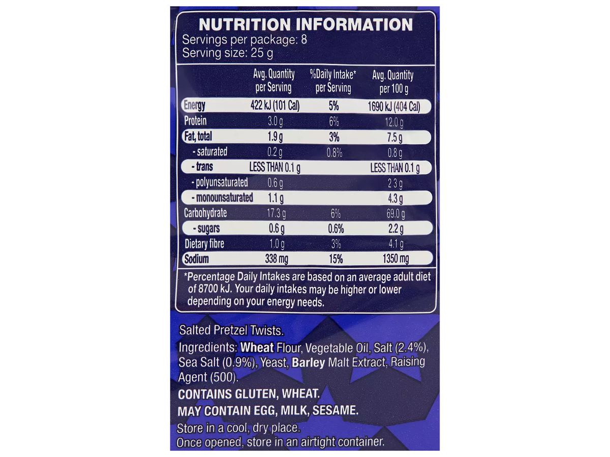 Pack photograph of SPRINTERS Pretzel Twists 200g showing the printed nutrition panel