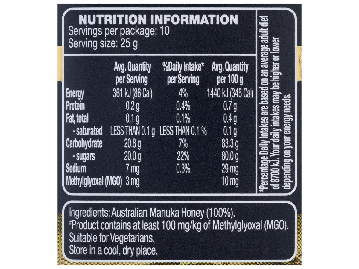 Pack photograph of BRAMWELLS Manuka Honey MGO 100+ 250g showing the printed nutrition panel