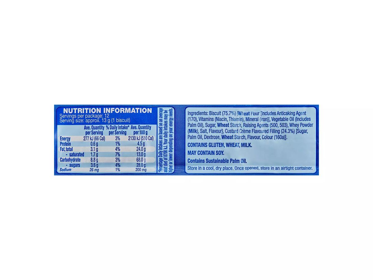 Pack photograph of BELMONT BISCUIT CO. Custard Crème Biscuits 150g showing the printed nutrition panel
