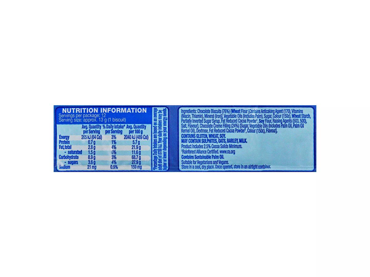 Pack photograph of BELMONT BISCUIT CO. Chocolate Creme Biscuits 150g showing the printed nutrition panel