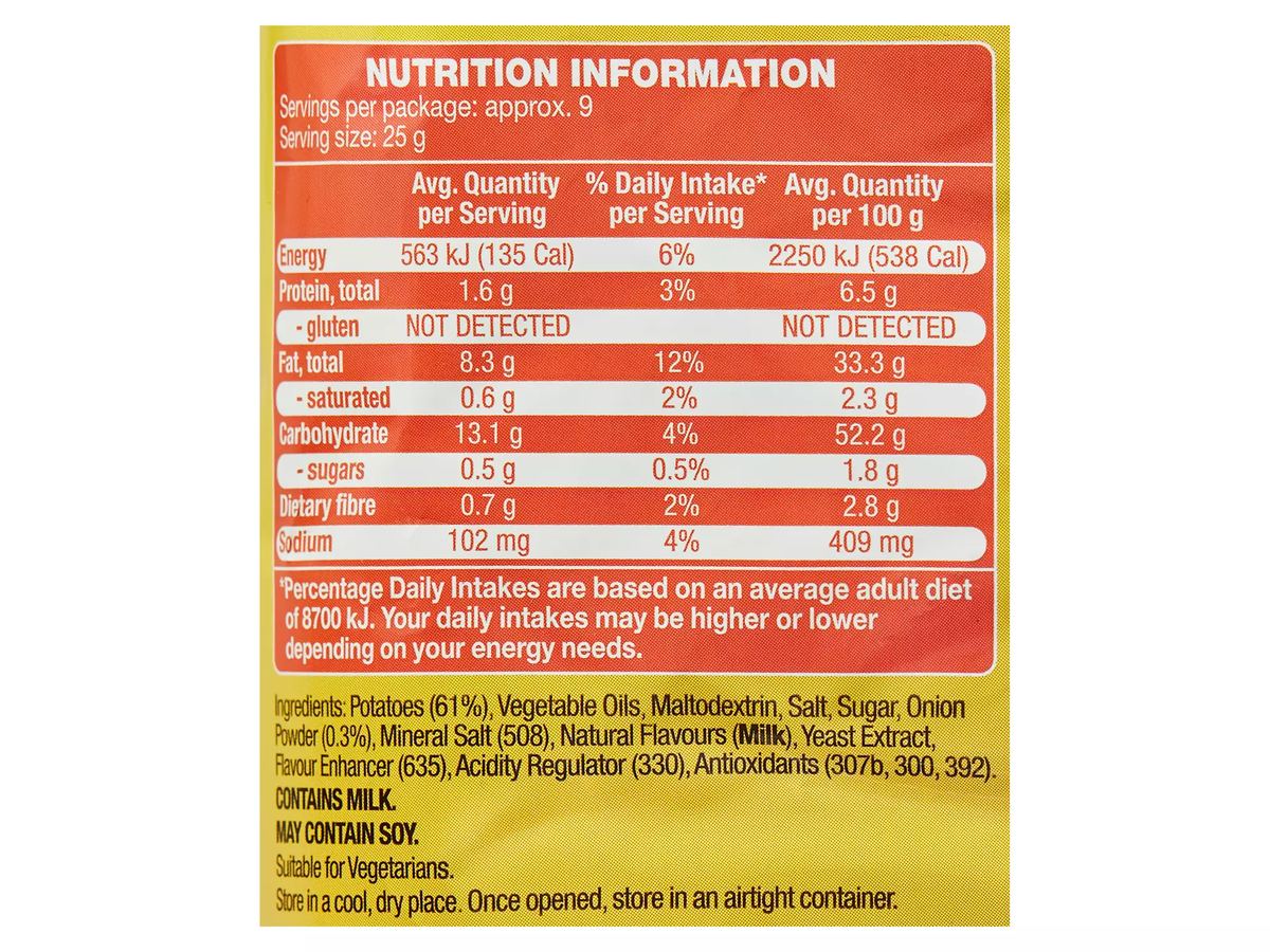 Pack photograph of SPRINTERS Cheese & Onion Crinkle Cut Chips 230g showing the printed nutrition panel
