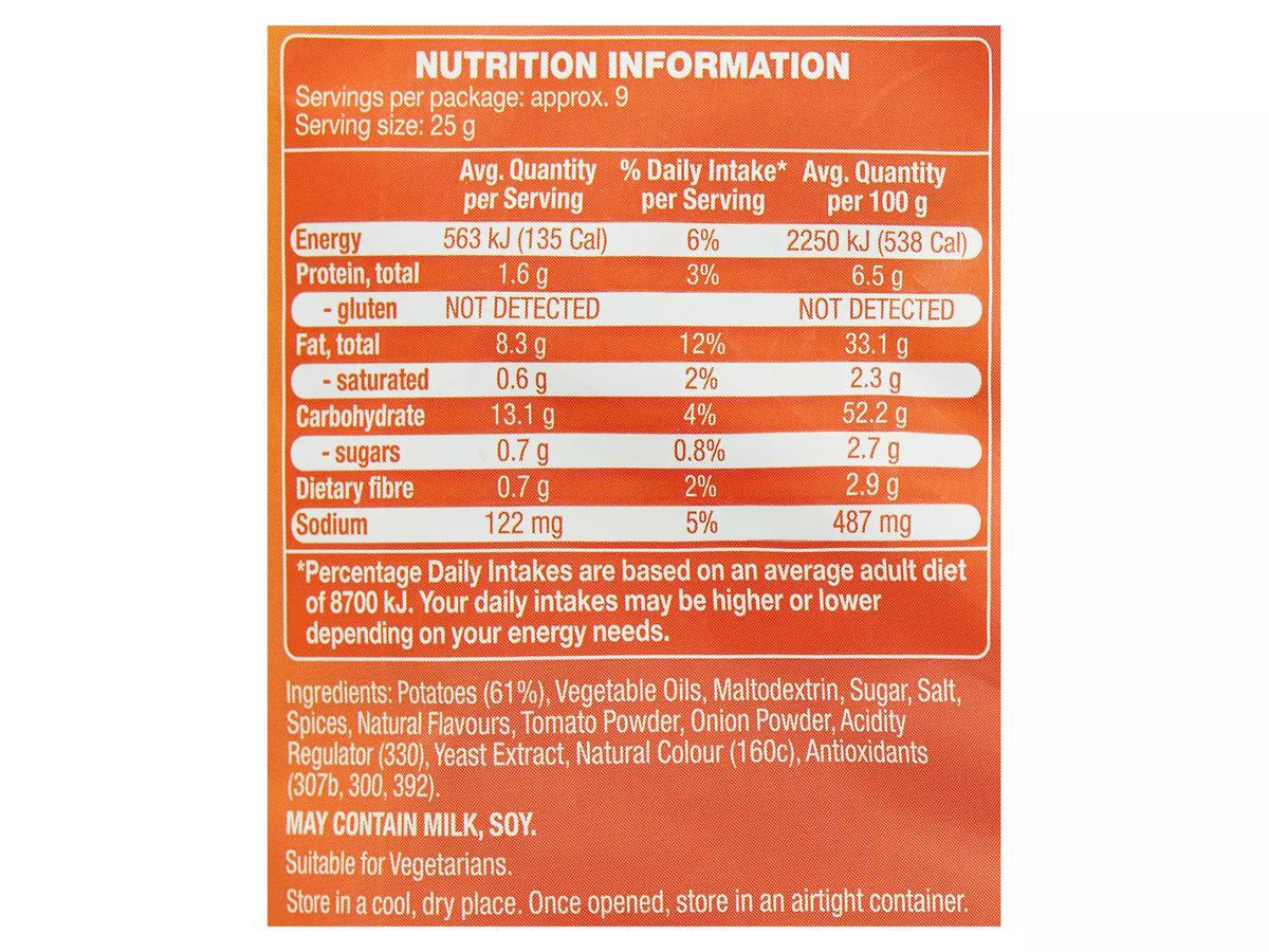 Pack photograph of SPRINTERS Barbecue Crinkle Cut Potato Chips 230g showing the printed nutrition panel