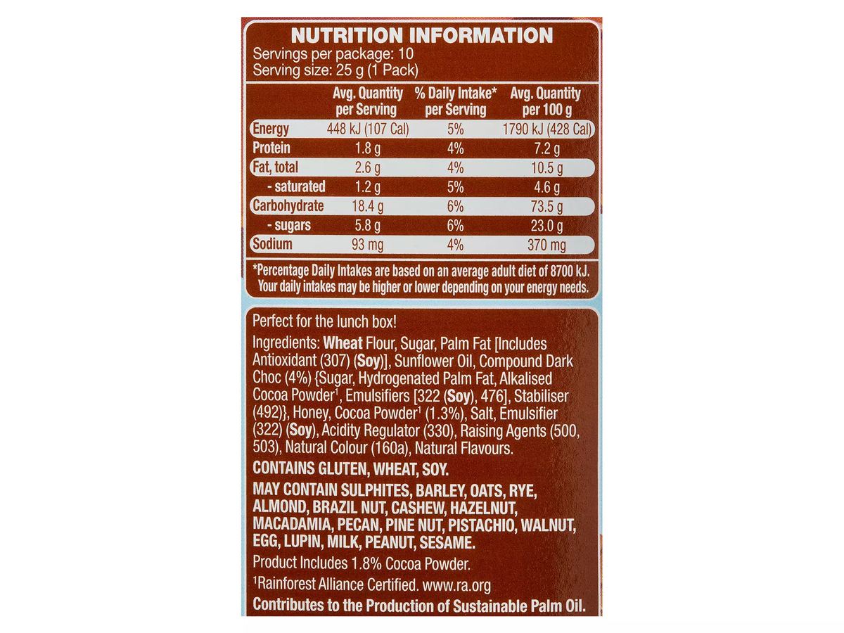 Pack photograph of BELMONT BISCUIT CO. Choc Teddy Tots Biscuits 10 Pack 250g showing the printed nutrition panel