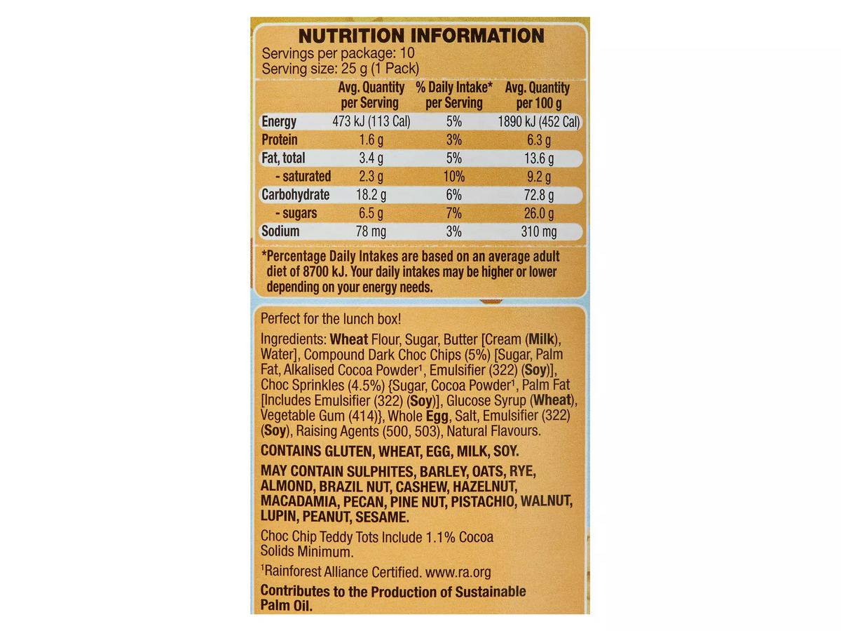 Pack photograph of BELMONT BISCUIT CO. Choc Chip Teddy Tots Biscuits 10 Pack 250g showing the printed nutrition panel
