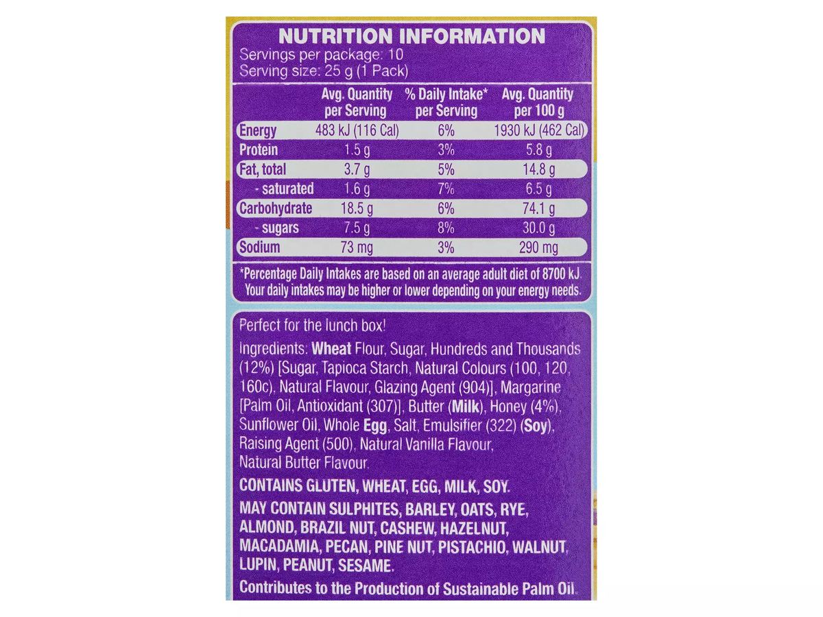 Pack photograph of BELMONT BISCUIT CO. Hundreds & Thousands Teddy Tots Biscuits 10 Pack 250g showing the printed nutrition panel