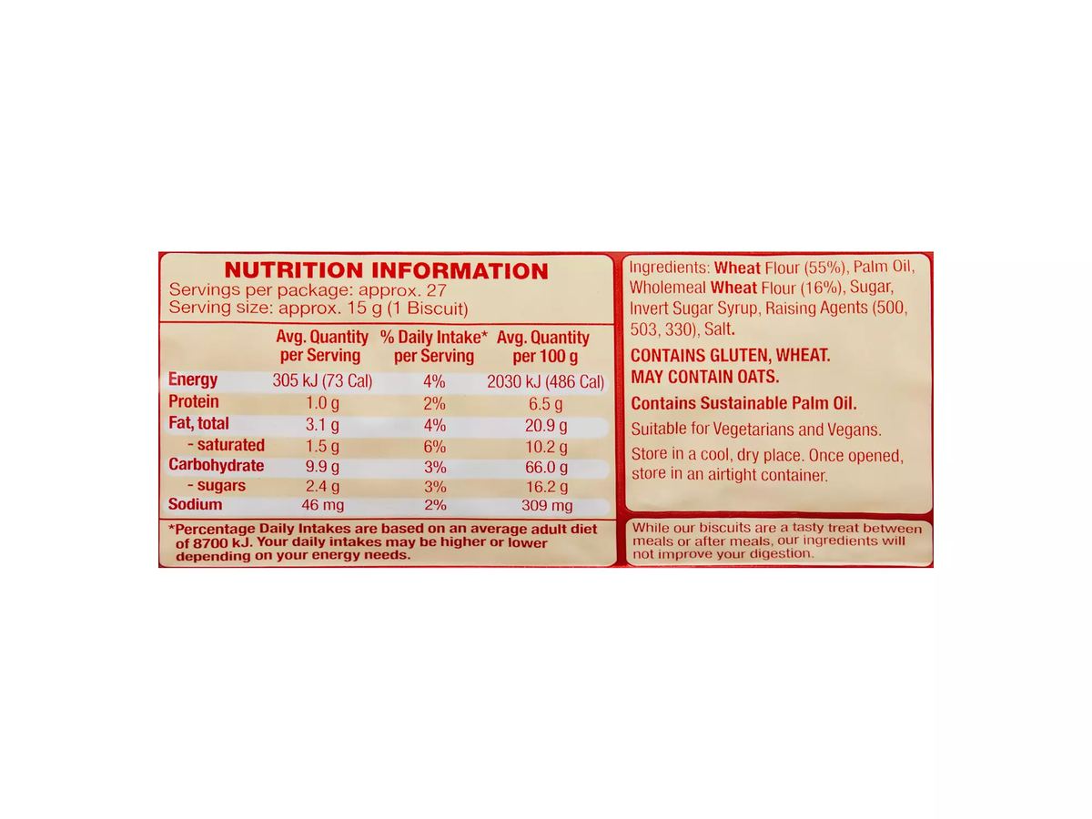 Pack photograph of BELMONT BISCUIT CO. Digestives Biscuits 400g showing the printed nutrition panel