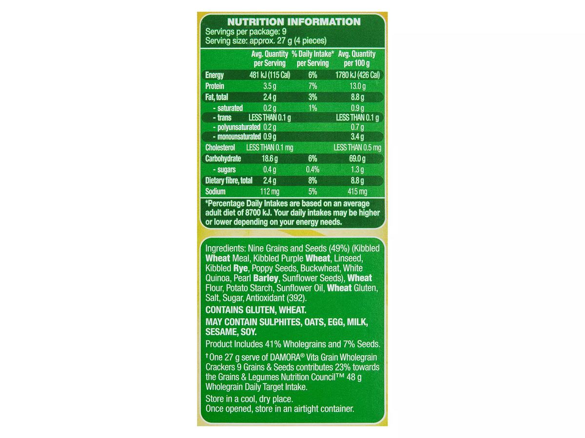 Pack photograph of DAMORA Vita Grain 9 Grains & Seeds Wholegrain Crackers 250g showing the printed nutrition panel