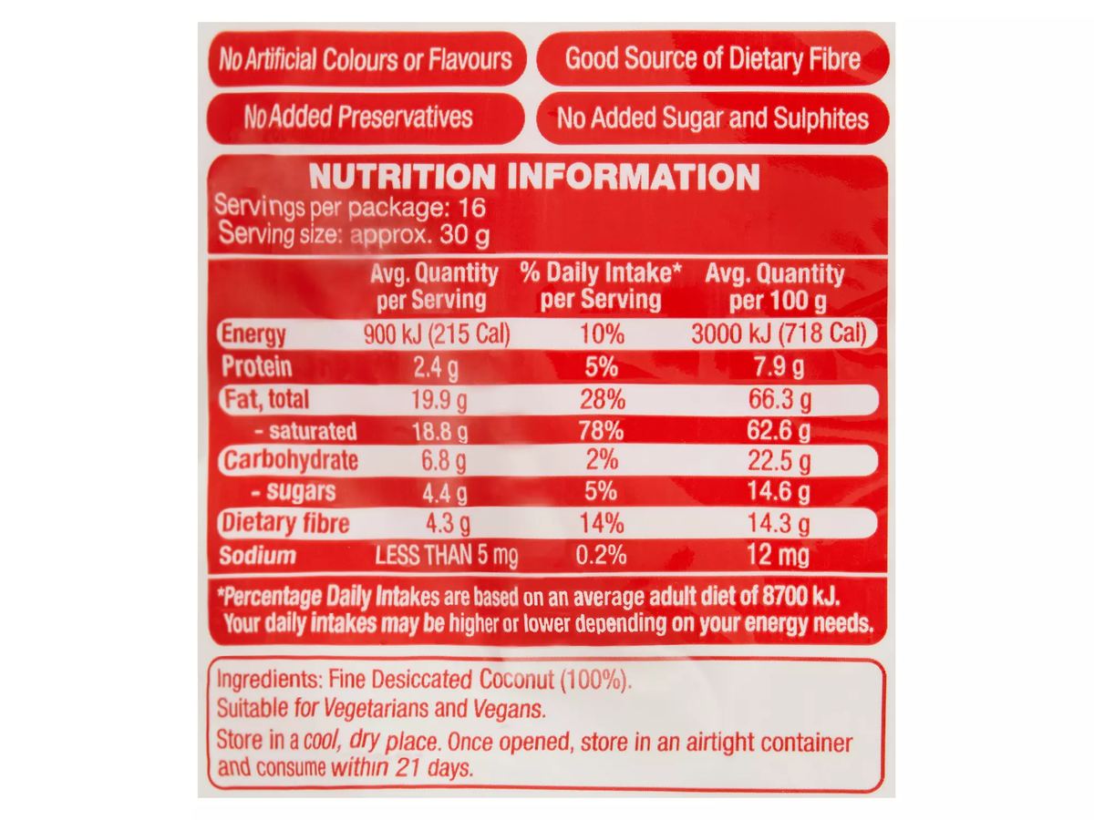 Pack photograph of WHITE MILL Desiccated Coconut 500g showing the printed nutrition panel