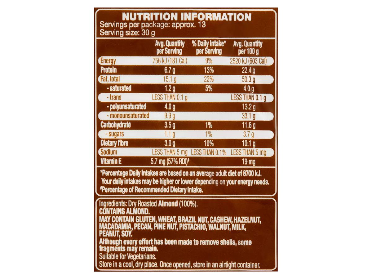 Pack photograph of FORRESTERS Dry Roasted Almonds 400g showing the printed nutrition panel
