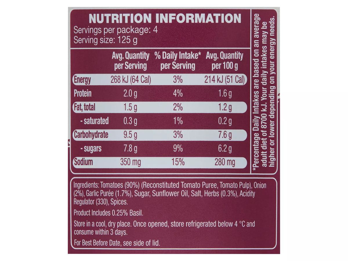 Pack photograph of REMANO Bolognese Pasta Sauce 500g showing the printed nutrition panel