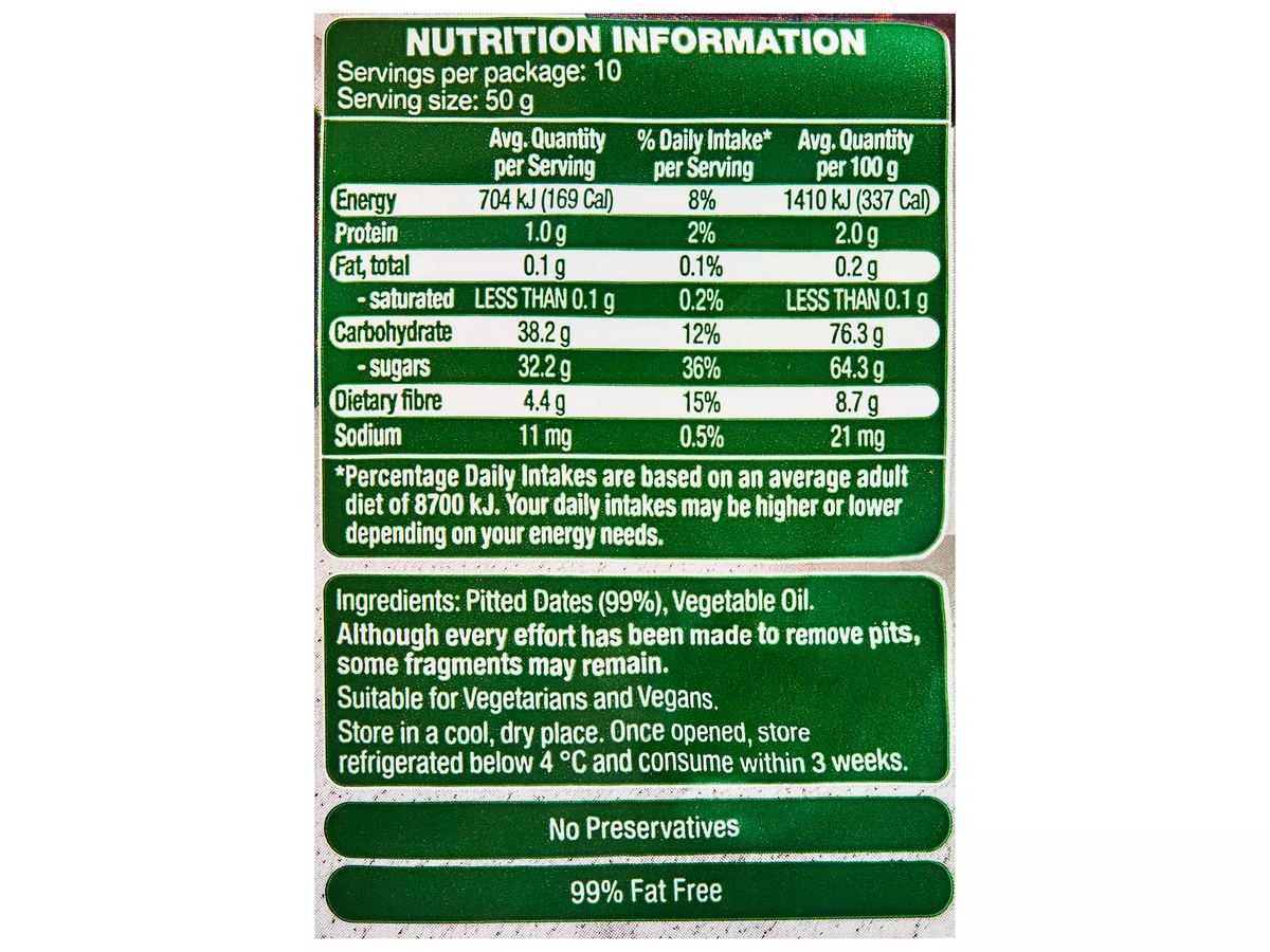 Pack photograph of SWEET VINE Pitted Dates 500g showing the printed nutrition panel