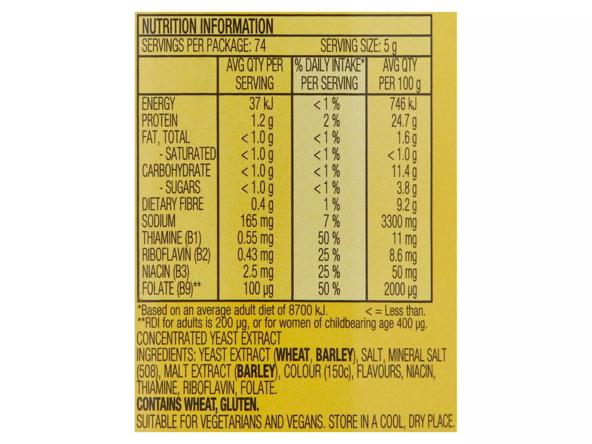 Pack photograph of Vegemite 370g showing the printed nutrition panel