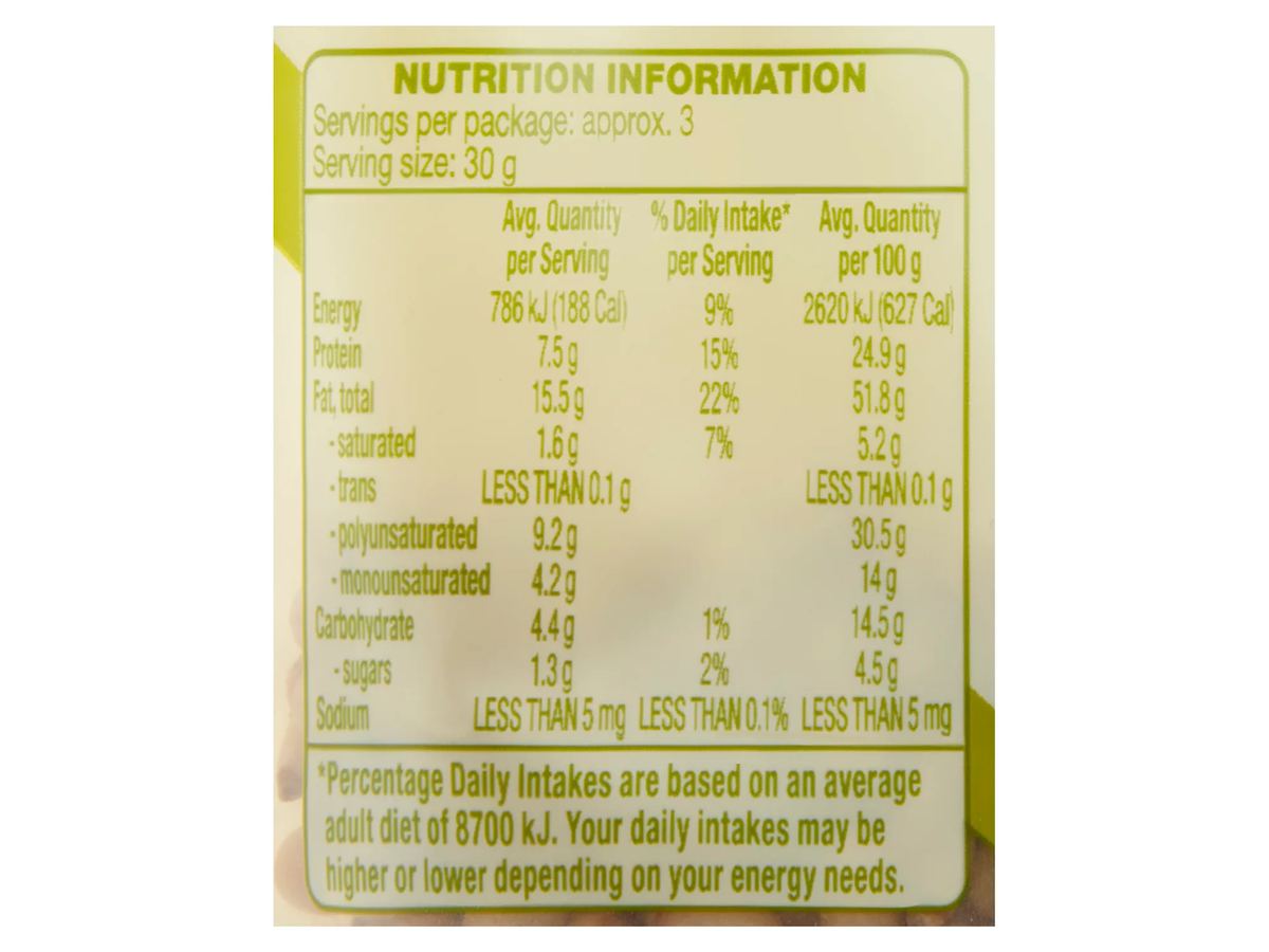 Pack photograph of OH SO NATURAL WHOLEFOODS Pine Nuts 100g showing the printed nutrition panel