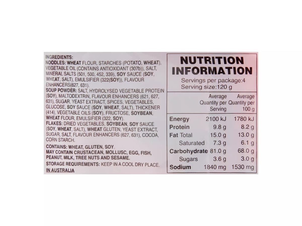 Pack photograph of NONG SHIM SHIN RAMYUN Shin Ramyun Noodles 4 Pack 480g showing the printed nutrition panel
