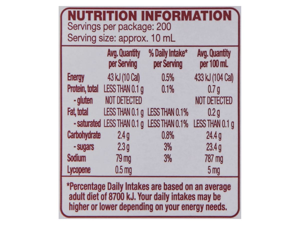 Pack photograph of COLWAY Tomato Sauce 2L showing the printed nutrition panel
