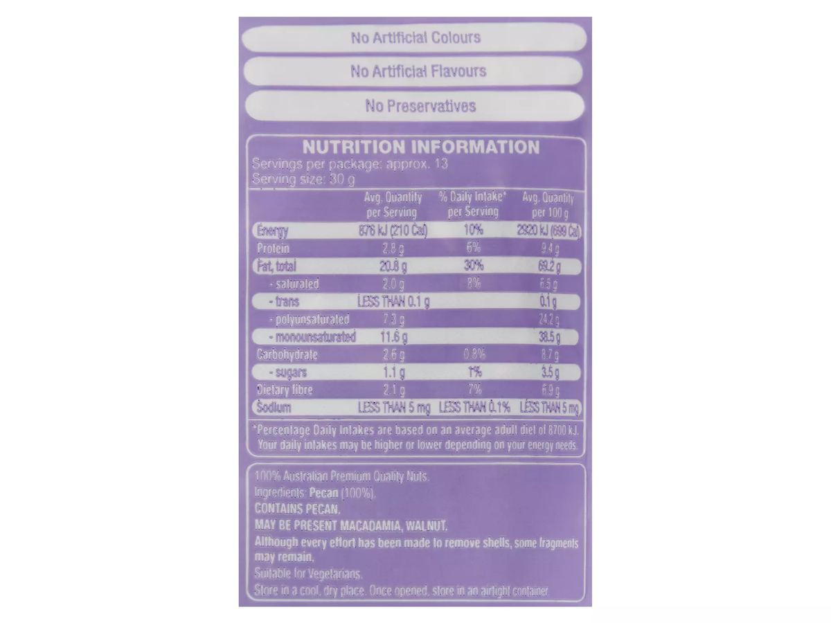 Pack photograph of FORRESTERS Pecans 400g showing the printed nutrition panel