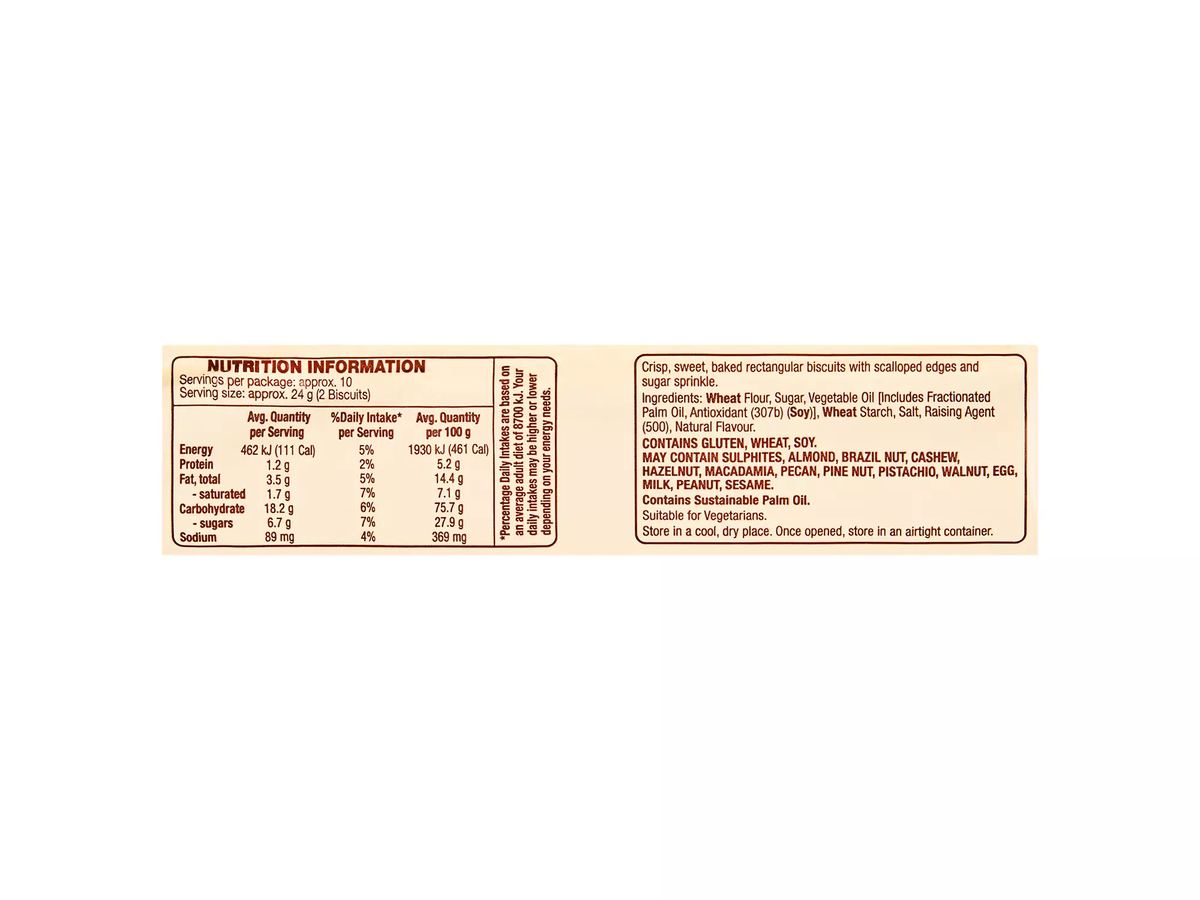Pack photograph of BELMONT BISCUIT CO. Nice Biscuits 250g showing the printed nutrition panel