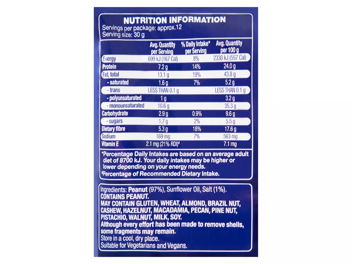 Pack photograph of FORRESTERS Salted Peanuts 375g showing the printed nutrition panel