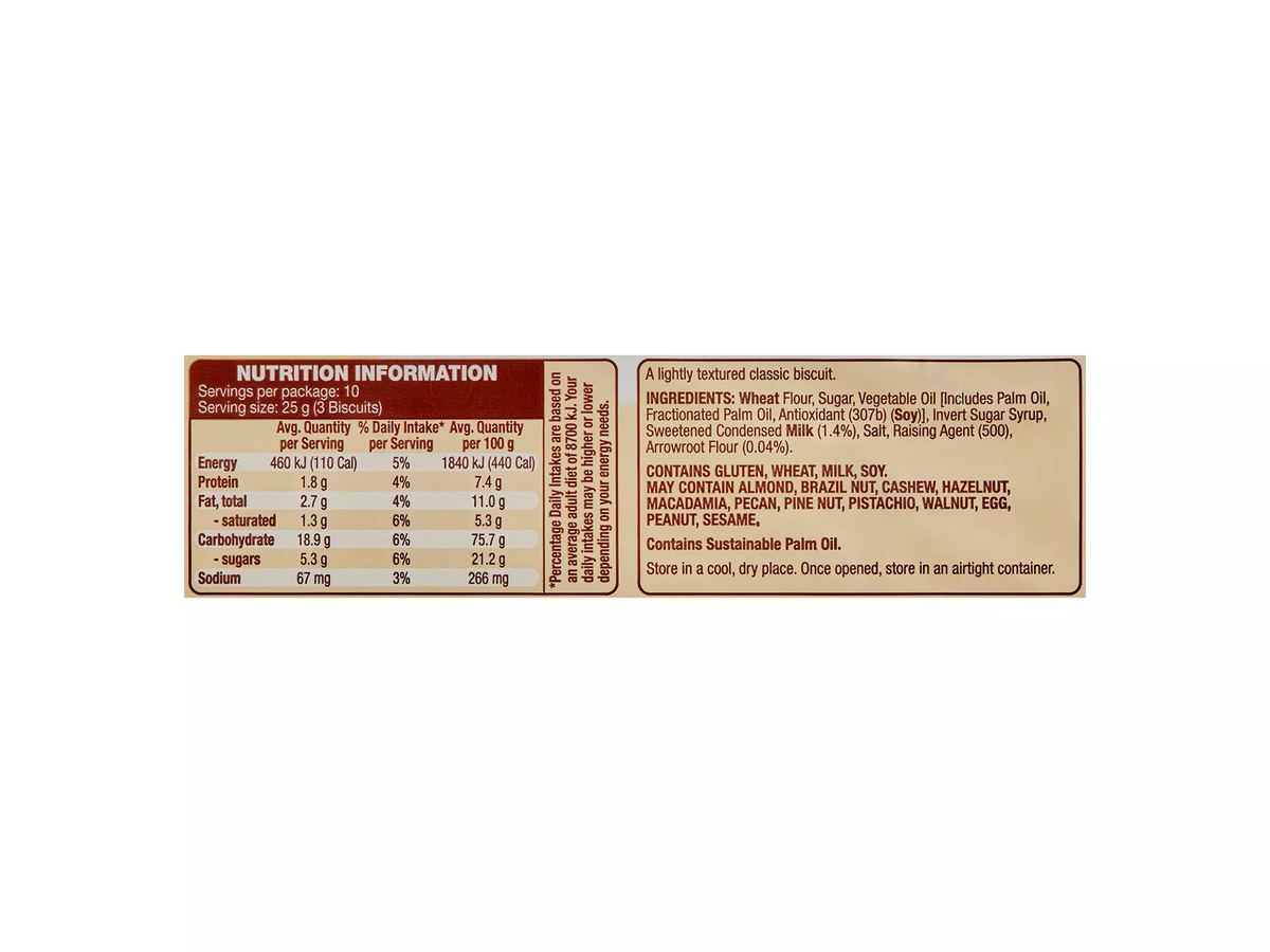 Pack photograph of BELMONT BISCUIT CO. Milk Arrowroot Biscuits 250g showing the printed nutrition panel
