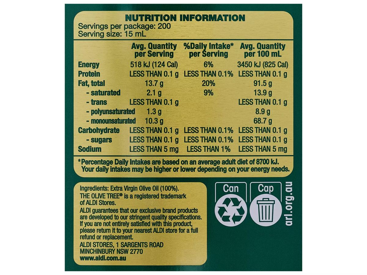 Pack photograph of THE OLIVE TREE Australian Extra Virgin Olive Oil 3L showing the printed nutrition panel