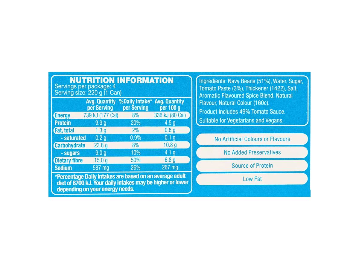 Pack photograph of CORALE Baked Beans 4 Pack 220g showing the printed nutrition panel