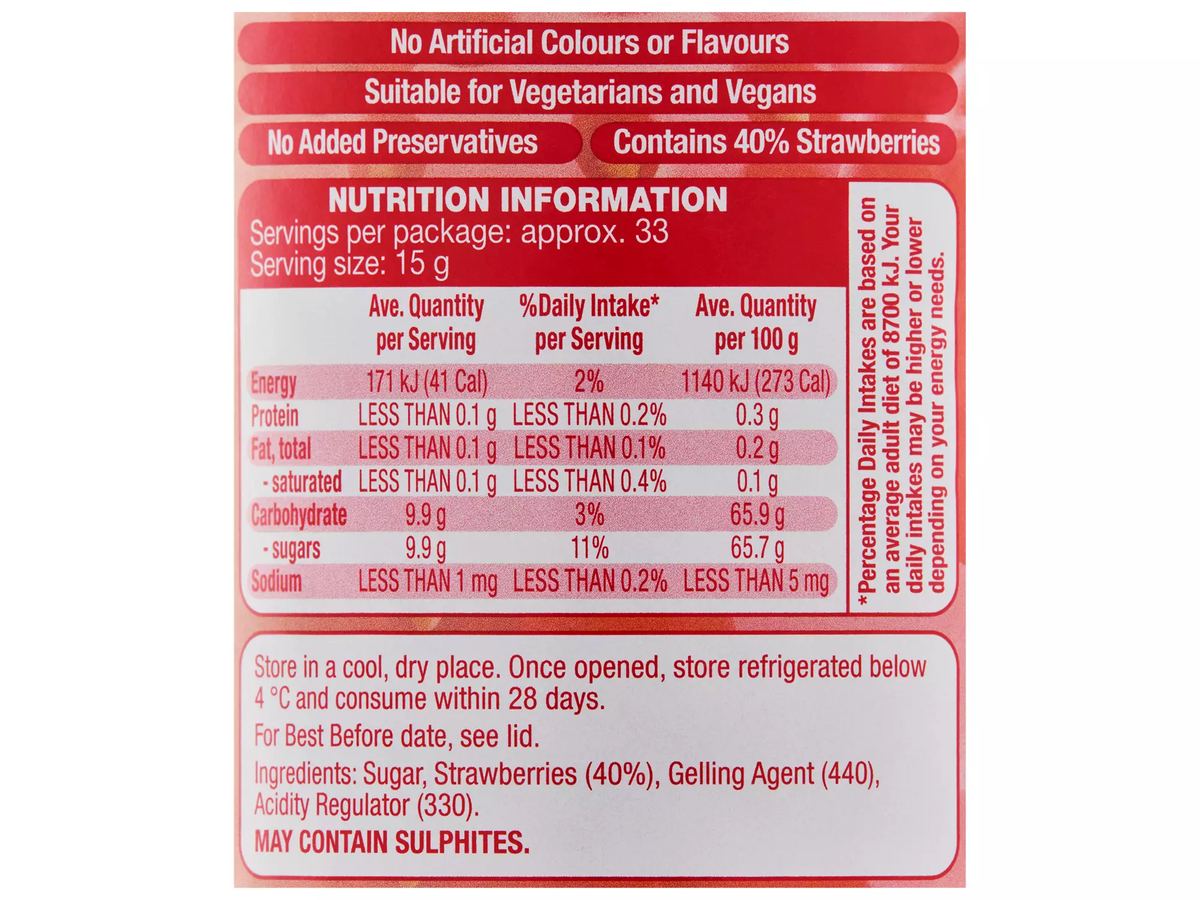 Pack photograph of GRANDESSA Strawberry Jam 500g showing the printed nutrition panel