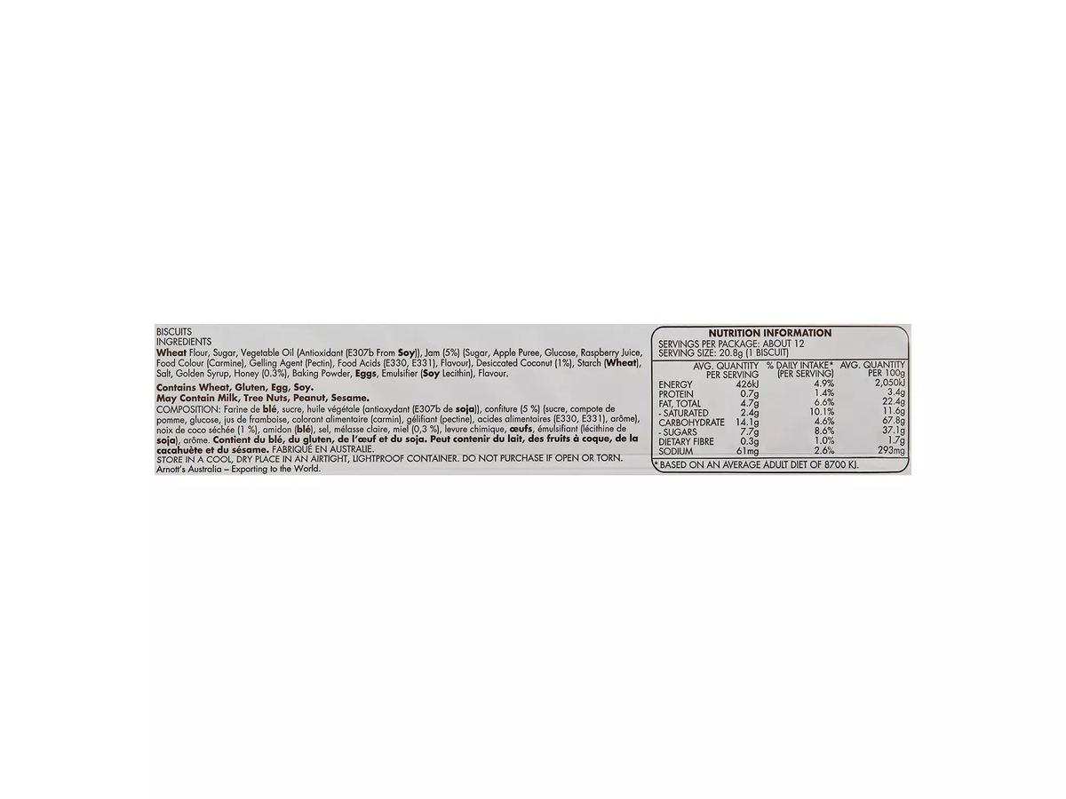 Pack photograph of ARNOTT'S Monte Carlo Cream Biscuits 250g showing the printed nutrition panel