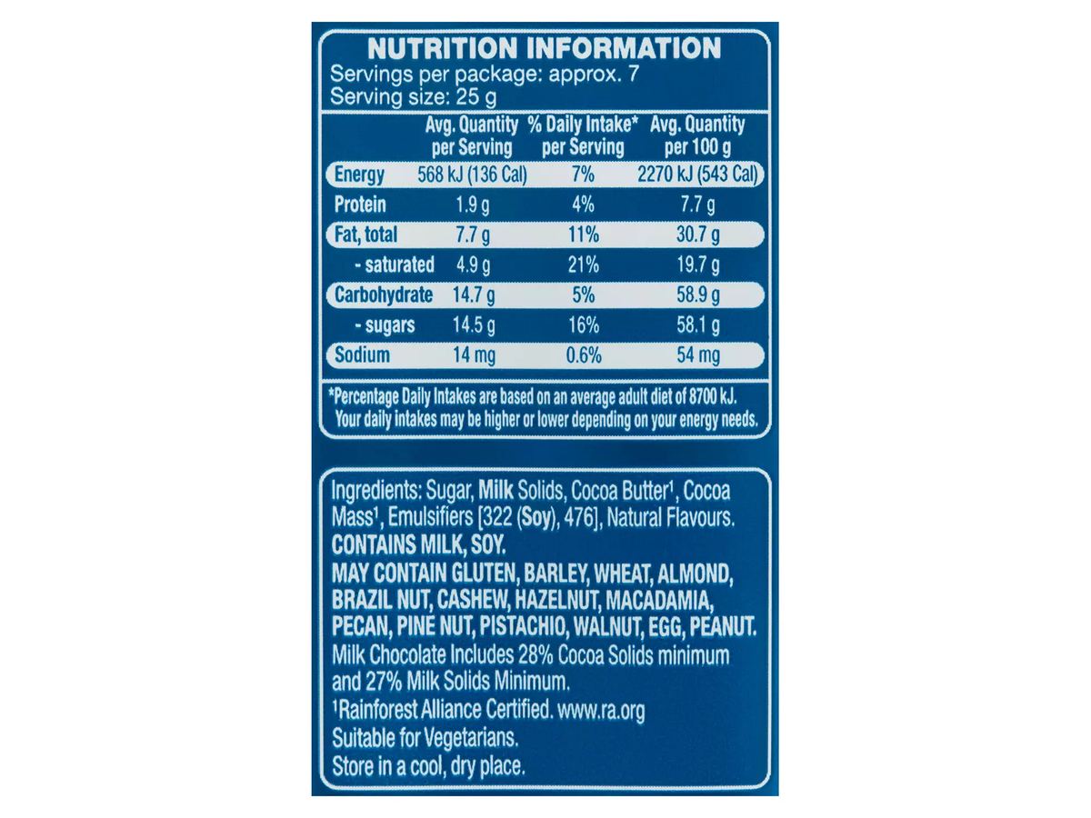Pack photograph of DAIRY FINE Milk Chocolate Block 180g showing the printed nutrition panel