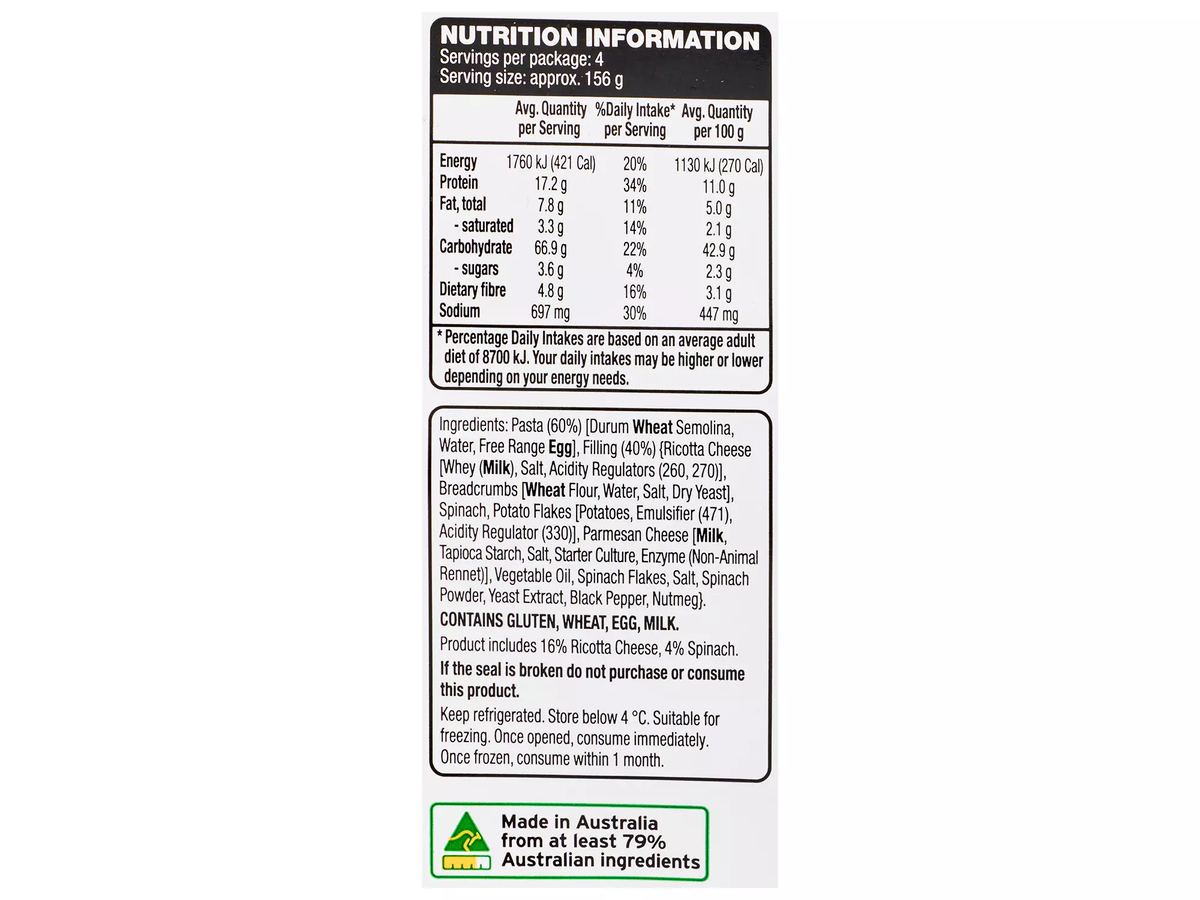 Pack photograph of WORLD KITCHEN Spinach & Ricotta Agnolotti 625g showing the printed nutrition panel