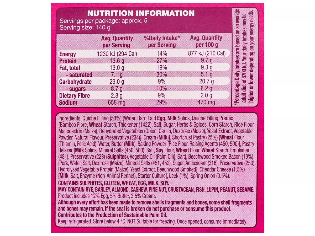 Pack photograph of WORLD KITCHEN Quiche Lorraine 700g showing the printed nutrition panel