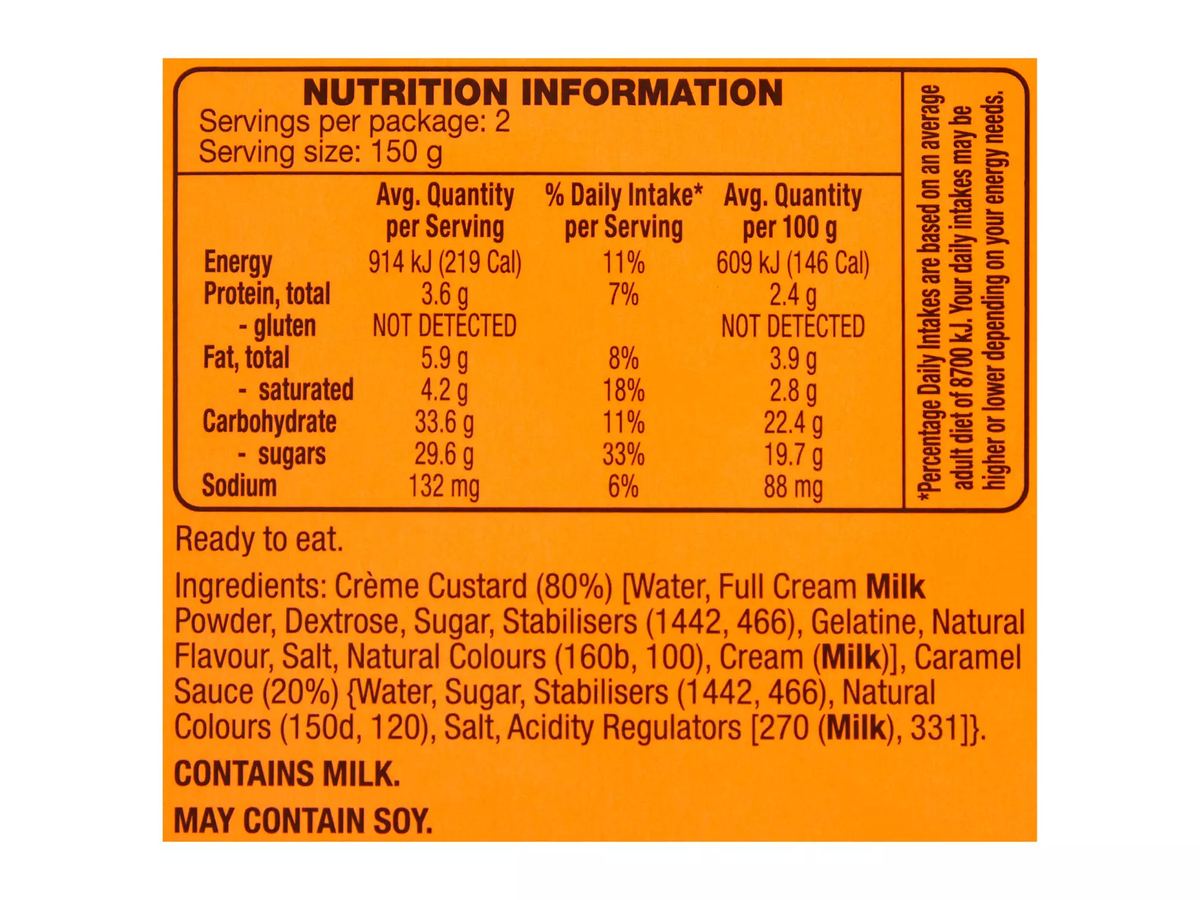 Pack photograph of FOOD ENVY Creme Caramel 2 Pack 150g showing the printed nutrition panel