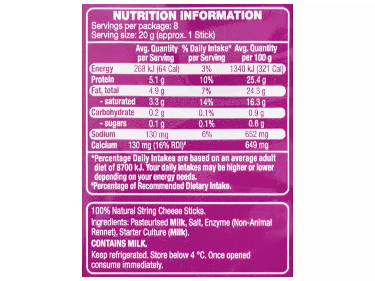 Pack photograph of SNACKERS MARKET String Cheese Streamers 8 Pack 160g showing the printed nutrition panel