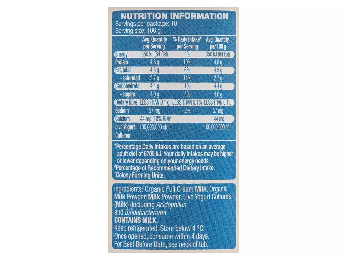 Pack photograph of BROOKLEA Organic Natural Yogurt 1kg showing the printed nutrition panel