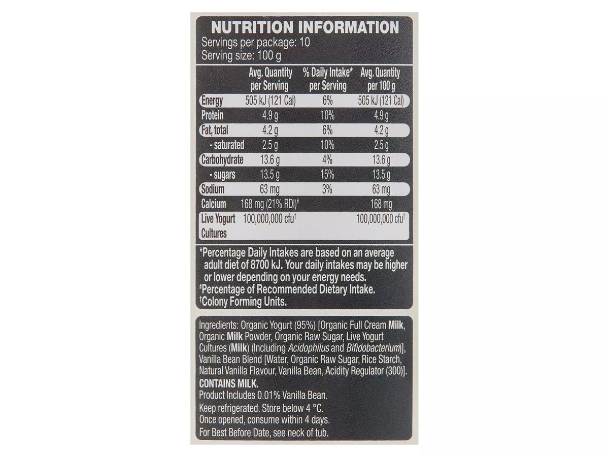 Pack photograph of BROOKLEA Organic Vanilla Bean Yogurt 1kg showing the printed nutrition panel
