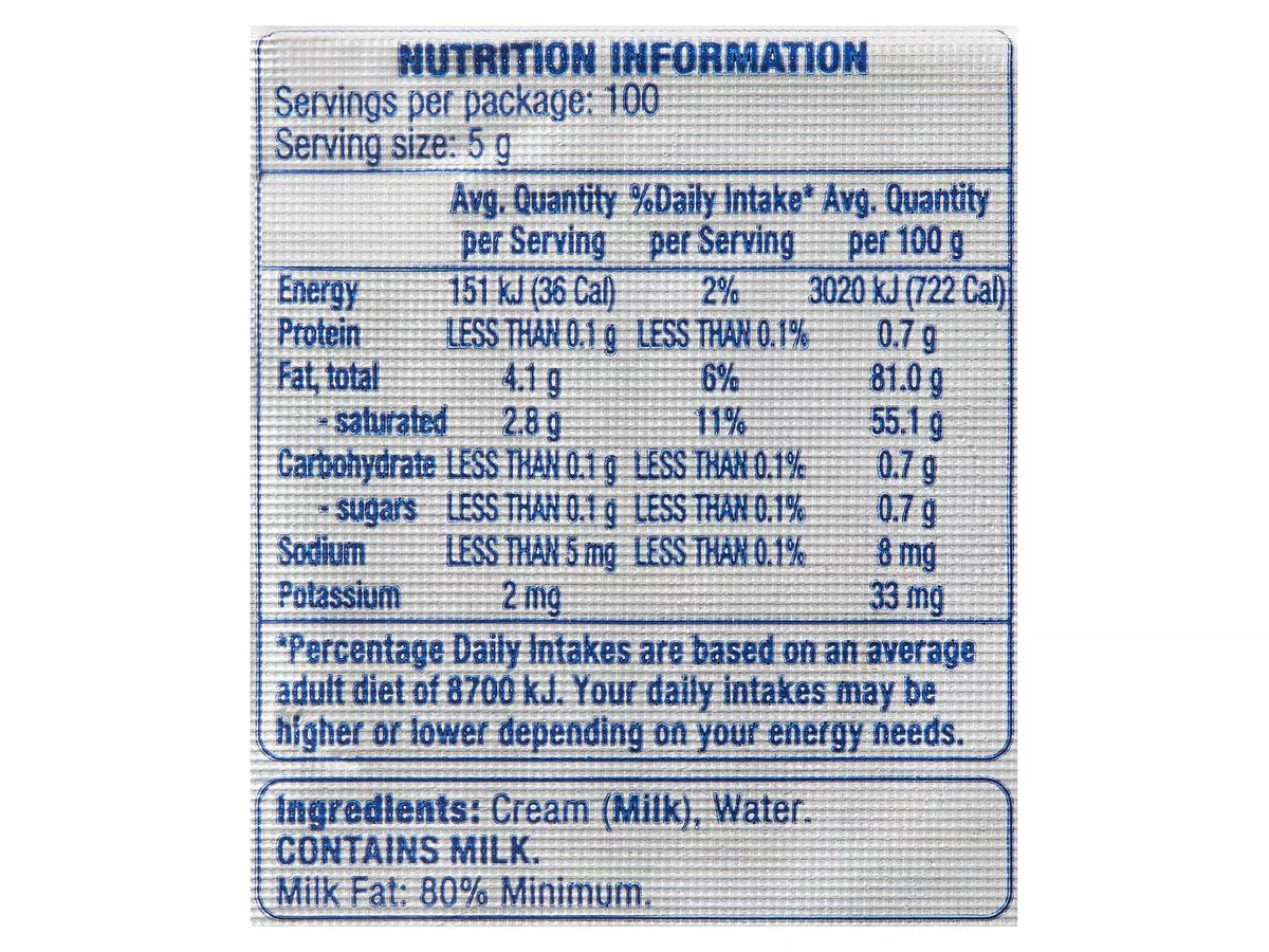 Pack photograph of PURE VALLEY Unsalted Butter 500g showing the printed nutrition panel
