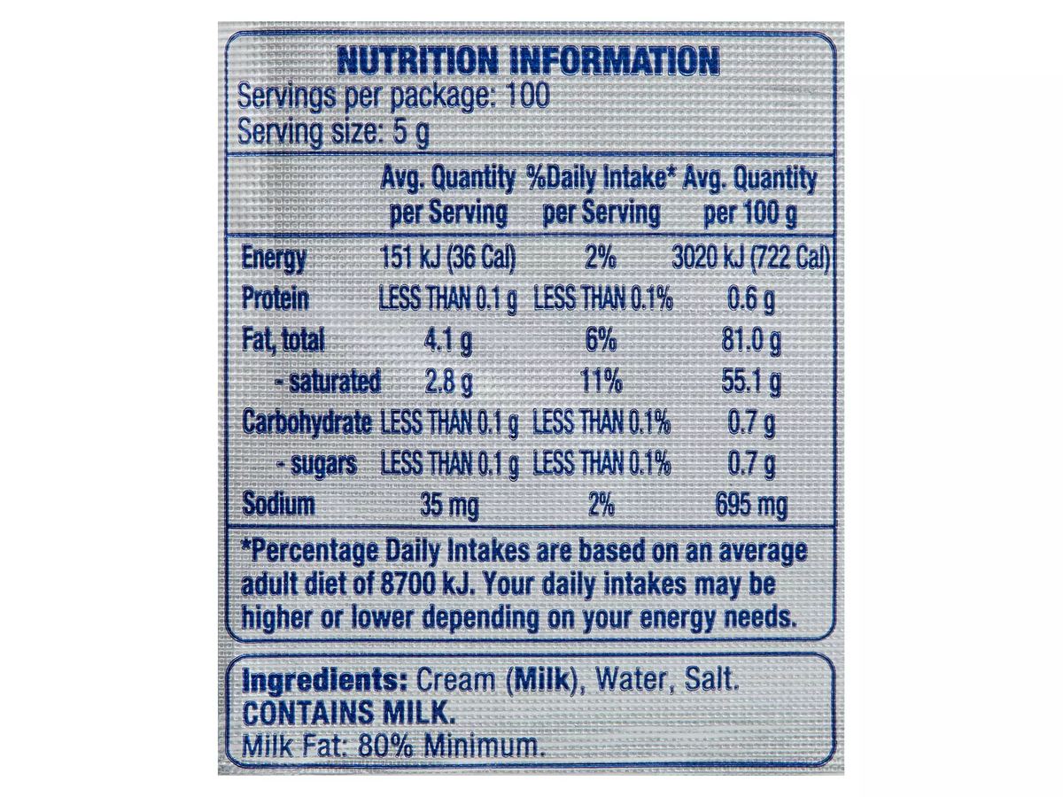 Pack photograph of PURE VALLEY Salted Butter 500g showing the printed nutrition panel