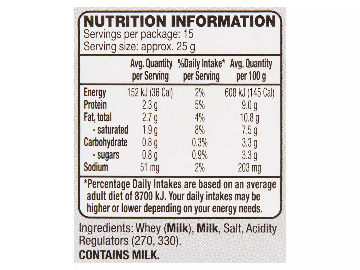 Pack photograph of WESTACRE DAIRY Smooth Ricotta 375g showing the printed nutrition panel