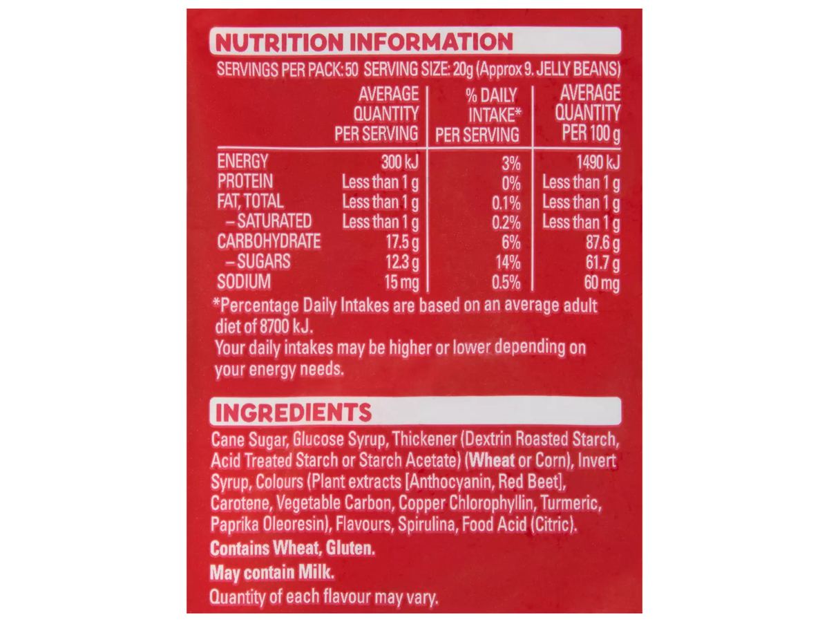 Pack photograph of ALLEN'S Jelly Beans 1kg showing the printed nutrition panel