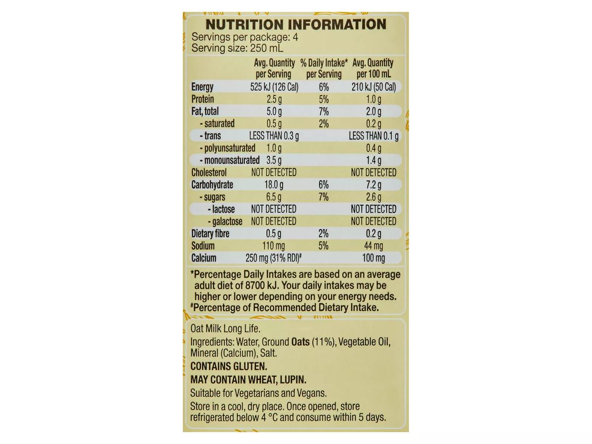Pack photograph of INNER GOODNESS Oat Milk 1L showing the printed nutrition panel