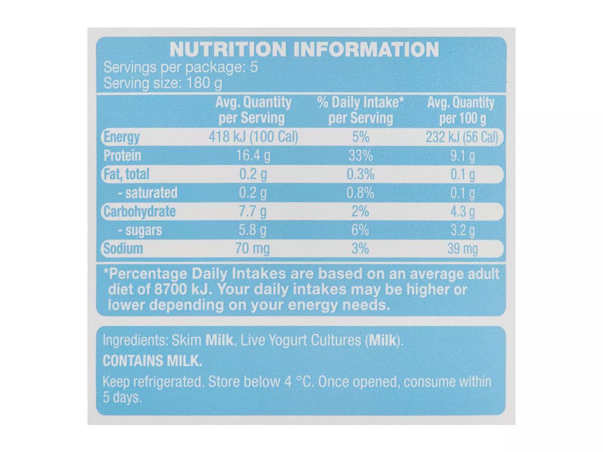Pack photograph of YOGURI Greek Style Strained Yogurt Plain 900g showing the printed nutrition panel