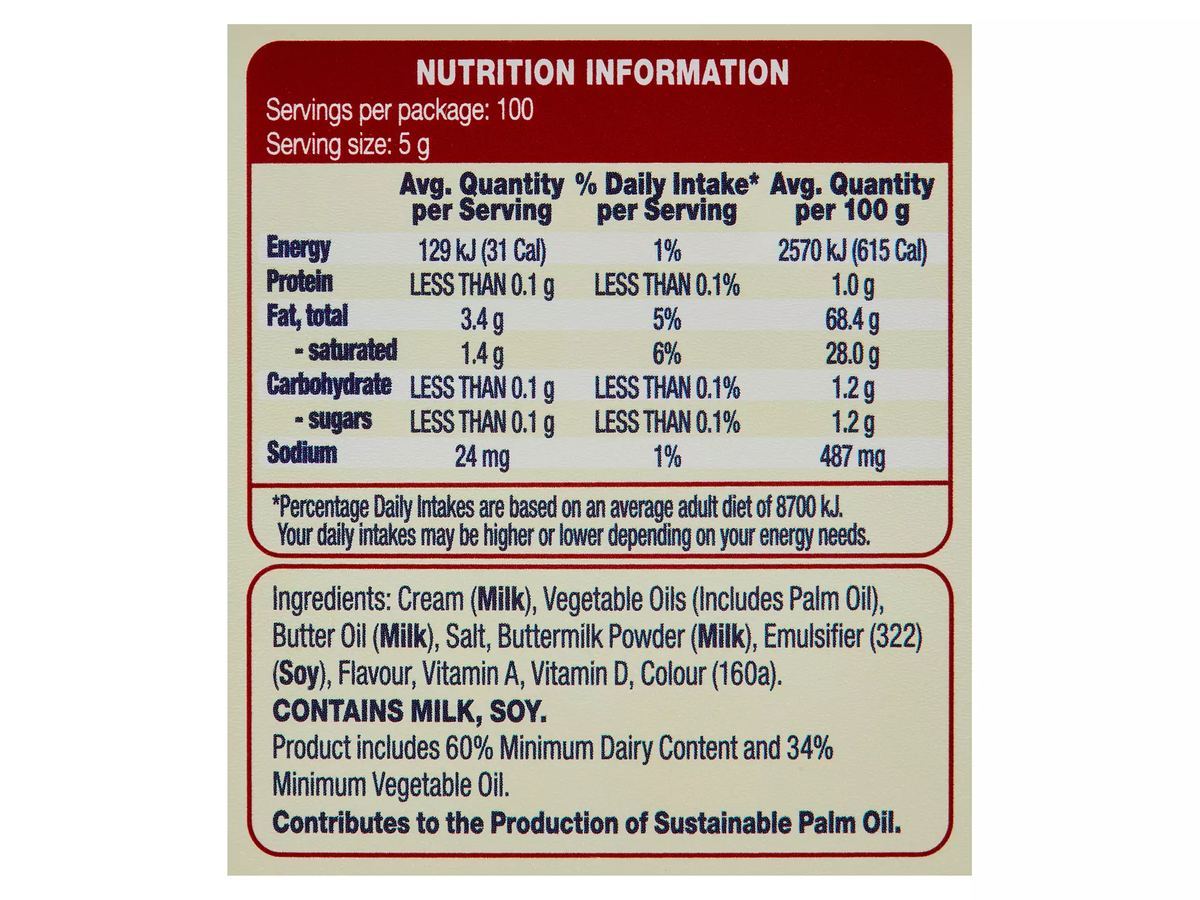 Pack photograph of BEAUTIFULLY BUTTERFULLY Spreadable Dairy Blend 500g showing the printed nutrition panel