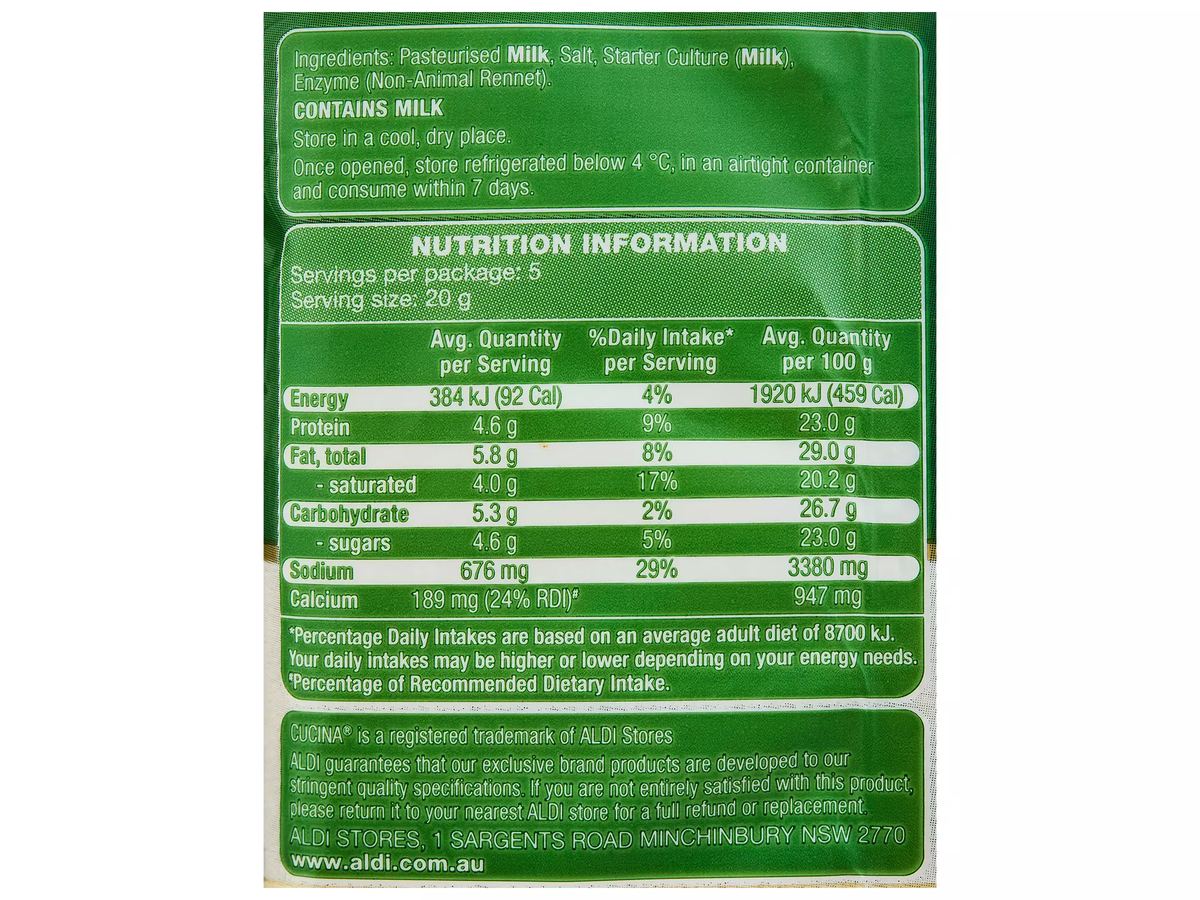 Pack photograph of REMANO Long-life Grated Parmesan Cheese 100g showing the printed nutrition panel