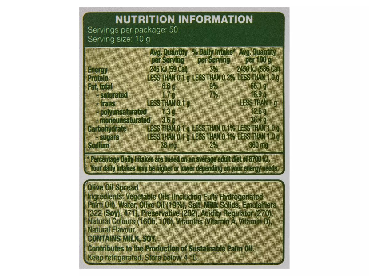 Pack photograph of SUNNYVALE Olive Spread Classic 500g showing the printed nutrition panel