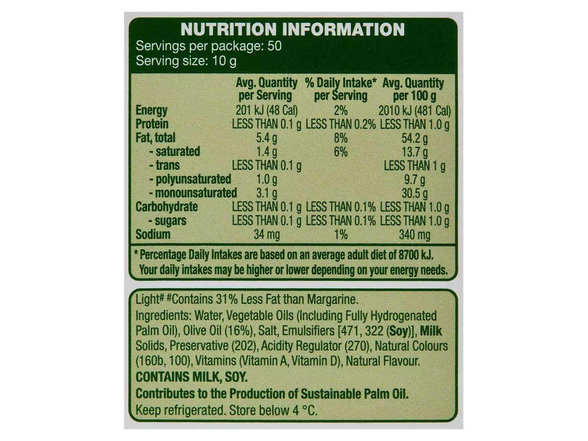 Pack photograph of SUNNYVALE Olive Spread Light 500g showing the printed nutrition panel