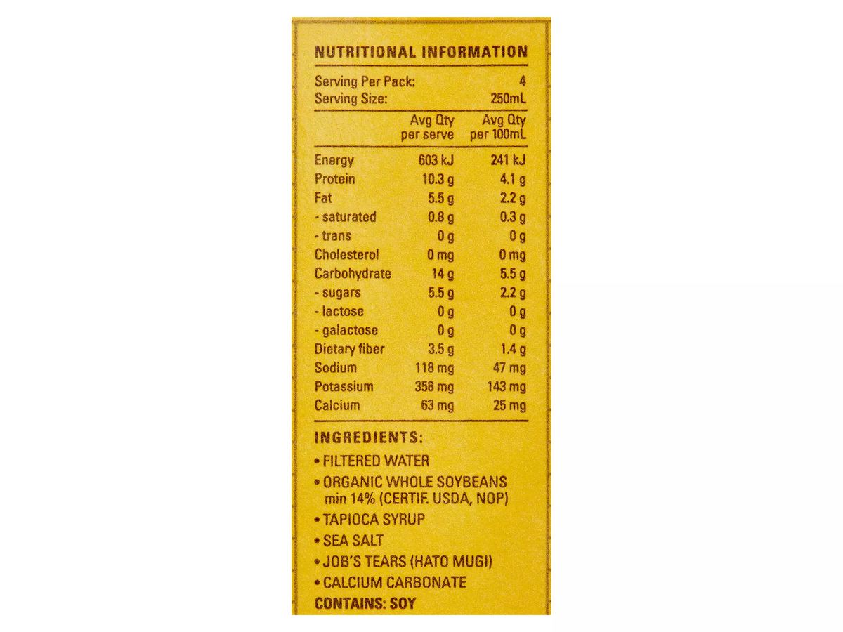 Pack photograph of BONSOY Soy Milk 1L showing the printed nutrition panel