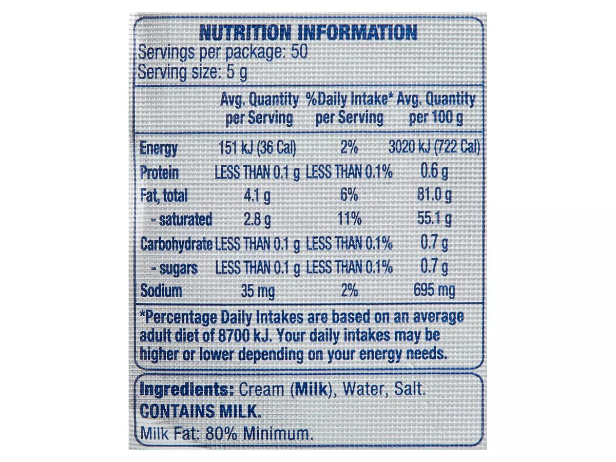 Pack photograph of PURE VALLEY Salted Butter 250g showing the printed nutrition panel